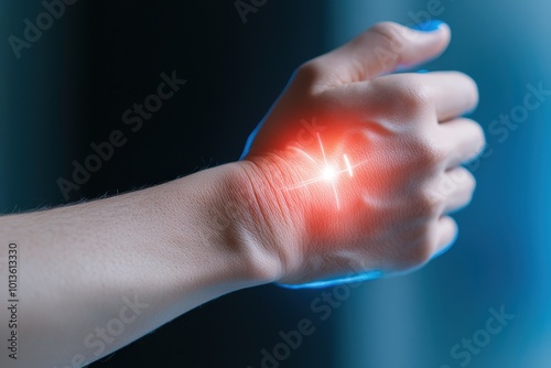 Close-up of hand with glowing light effect on wrist, creative concept for health and wellness.