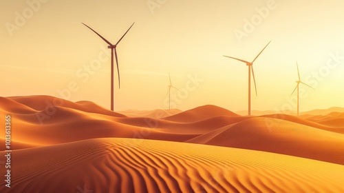 Wind turbines standing tall in a vast desert landscape at sunset