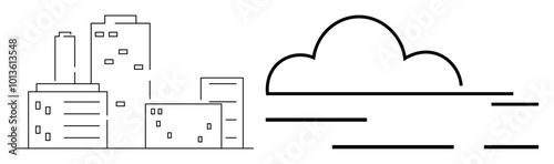 Minimalist cityscape features several buildings of varying heights with a cloud and lines suggesting wind or movement. Ideal for urban themes, real estate, architecture, simplicity concepts, weather