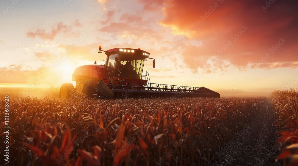 Fototapeta premium Red Combine Harvester Working in a Cornfield at Sunset