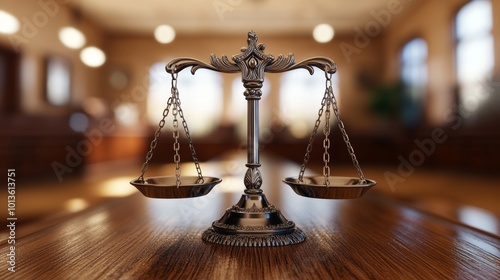 Using cinematic lighting, an ornate scale of justice is pictured on a table amid a courtroom background, representing emotion and law