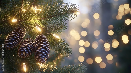 Christmas Tree Branch with Cones and Lights photo