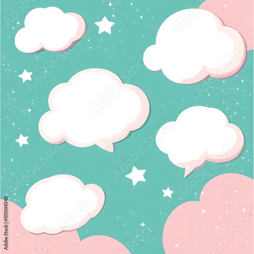 Pink background design with teal and white stars, clouds, banner template design, vector illustration design, flat design, cute style, simple shapes