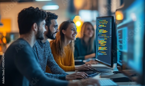 Diverse Group of Energetic Professionals Team Meeting in Modern Office: Brainstorming IT Programmers Use Computer, Talk Strategy, Discuss Analysis. Innovative Software Engineers Develop App