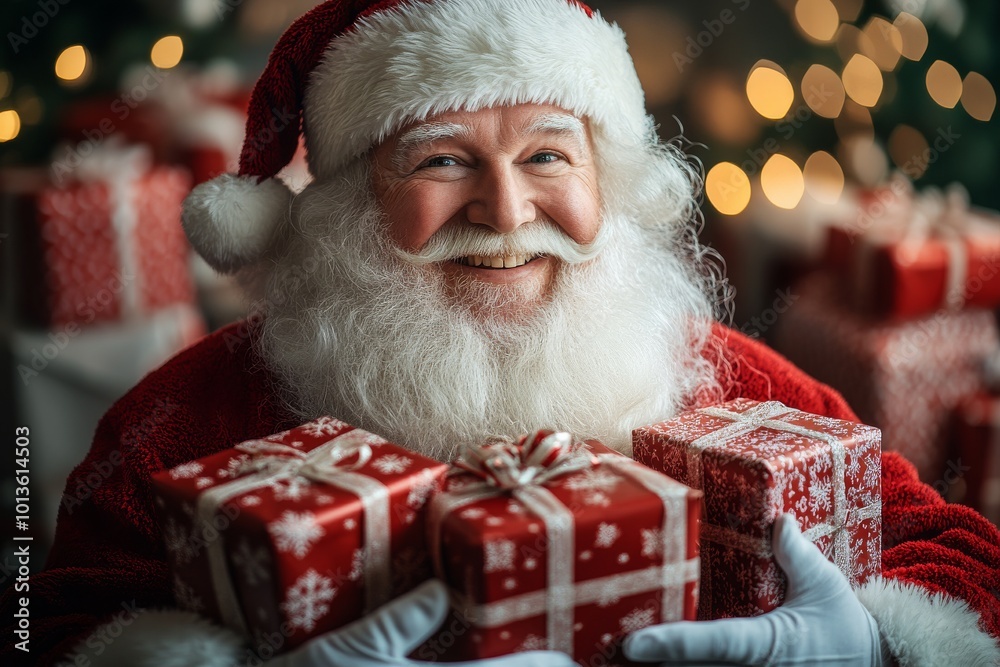 Santa Claus and white gift boxes in his hands. Generative AI Santa Claus and white gift boxes in his hands. Generative AI