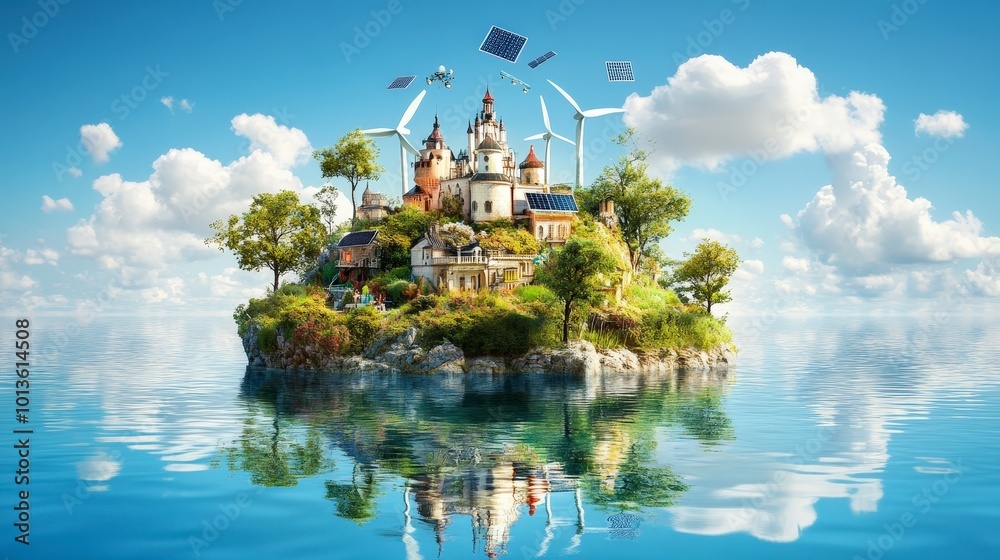 Floating island city powered by renewable energy with wind turbines and solar panels Floating island city powered by renewable energy with wind turbines and solar panels