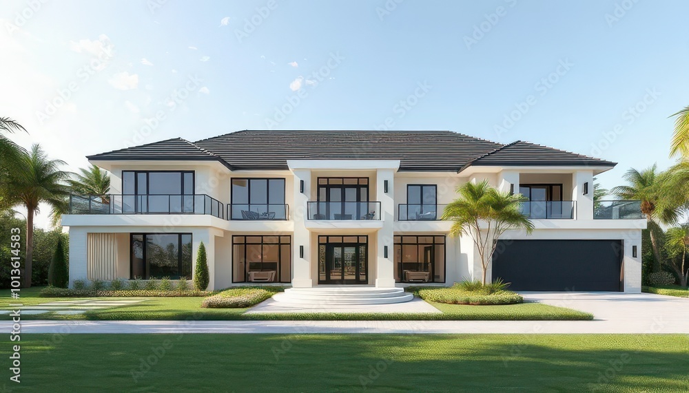 Modern mansion with swimming pool and panoramic windows. Luxury property