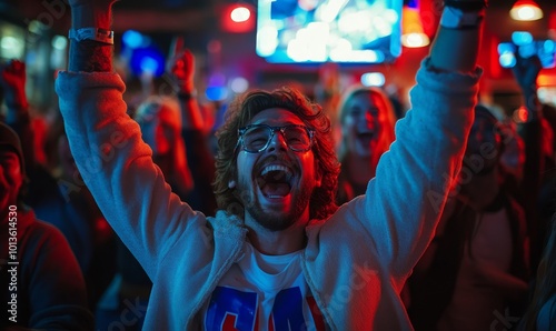Group of American Football Fans Watching a Live Match Broadcast in a Sports Pub on TV. People Cheering, Supporting Their Team. Crowd Goes Ecstatic When Team Scores a Goal and Wins the
