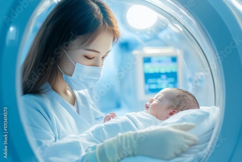 A nurse taking care of a newborn in a maternity ward photo