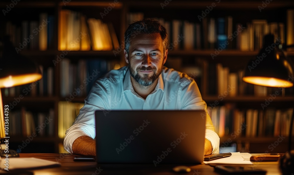 Late at Night in Private Office Male Businessman Works on a Laptop Computer. He Look at the Camera with Smile. Data Protection Engineering Network for Late at Night in Private Office Male Businessman Works on a Laptop Computer. He Look at the Camera with Smile. Data Protection Engineering Network for