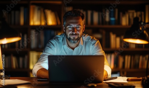 Late at Night in Private Office Male Businessman Works on a Laptop Computer. He Look at the Camera with Smile. Data Protection Engineering Network for