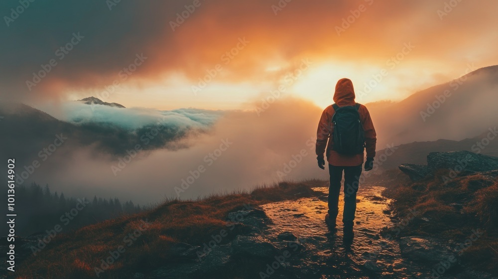 Solitary Figure on Mountaintop with Fog and Sunset Solitary Figure on Mountaintop with Fog and Sunset