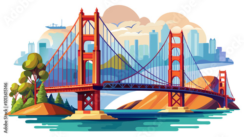 Golden Gate Bridge png watercolor illustration, San Francisco's architecture, transparent background