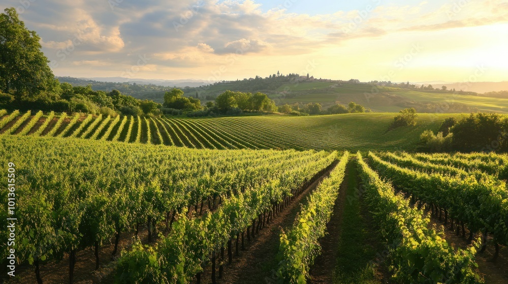 Lush Green Vineyard Rows Under a Cloudy Sunset Sky Lush Green Vineyard Rows Under a Cloudy Sunset Sky