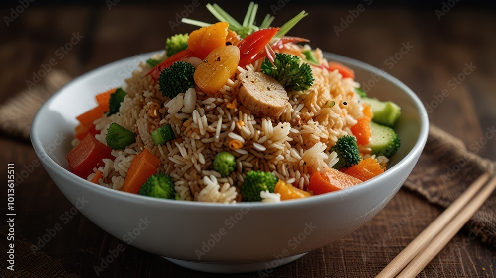 Realistic illustration of a plate of special fried rice served beautifully to stimulate the appetite Realistic illustration of a plate of special fried rice served beautifully to stimulate the appetite