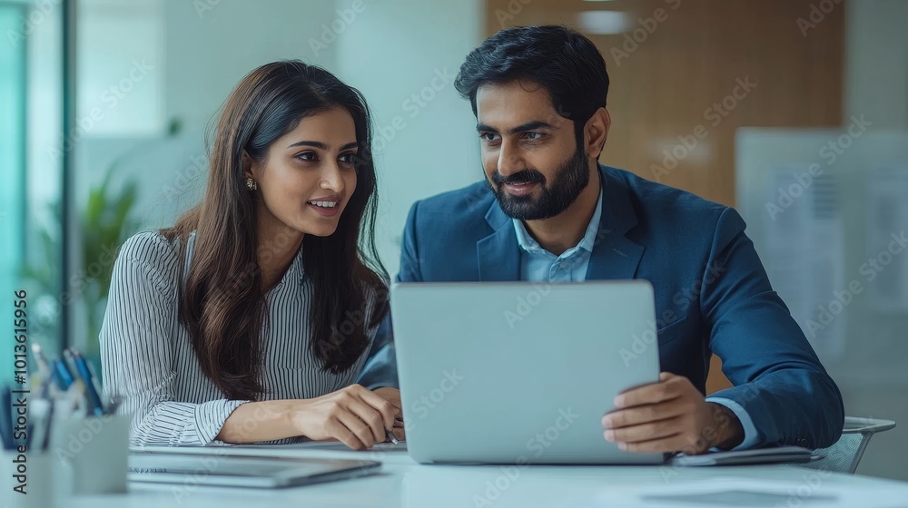 Female and Male Indian Financial Advisers Use Laptop Computer to Discuss a Stock Market Strategy in a Modern Company. South Asian Managers Collaborate Female and Male Indian Financial Advisers Use Laptop Computer to Discuss a Stock Market Strategy in a Modern Company. South Asian Managers Collaborate