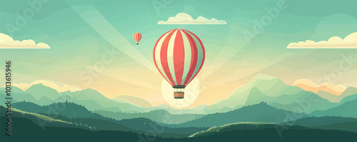 Classic hot air balloon floating over a scenic landscape, capturing a sense of adventure, flat, vector illustration, Vintage