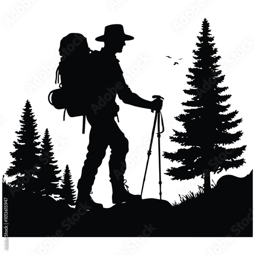 A black and white illustration depicting a man carrying a backpack and holding a camera, ready for an adventure