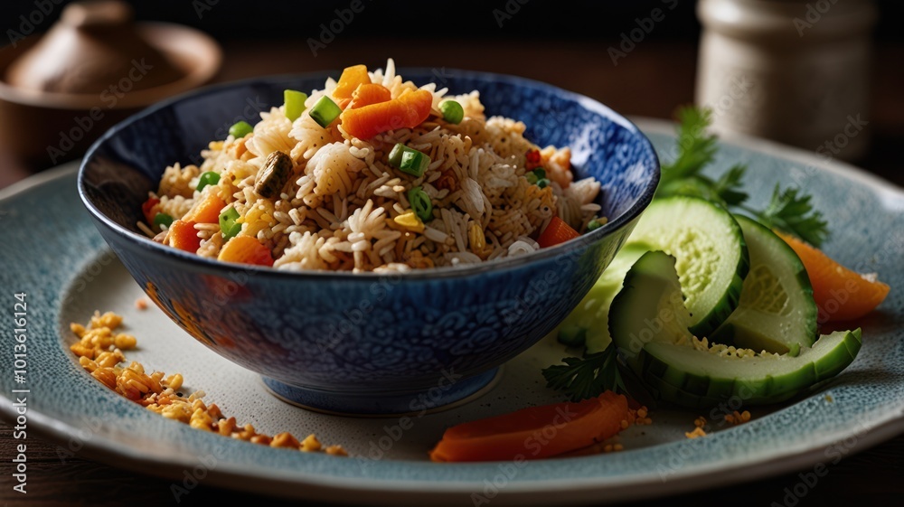 Realistic illustration of a plate of special fried rice served beautifully to stimulate the appetite Realistic illustration of a plate of special fried rice served beautifully to stimulate the appetite