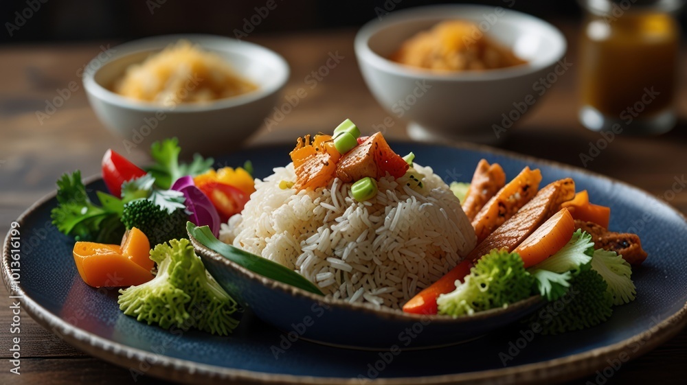 Realistic illustration of a plate of special fried rice served beautifully to stimulate the appetite Realistic illustration of a plate of special fried rice served beautifully to stimulate the appetite