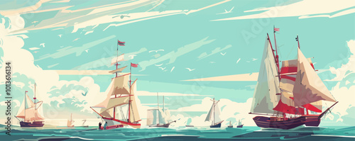 Classic sailing scene with vintage boats and sailors, perfect for nautical themes, flat, vector illustration, vintage hand drawn