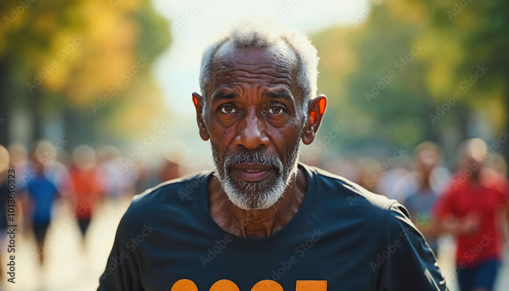 Portrait of elderly handsome man running marathon race in the street, active seniors, sport and activities