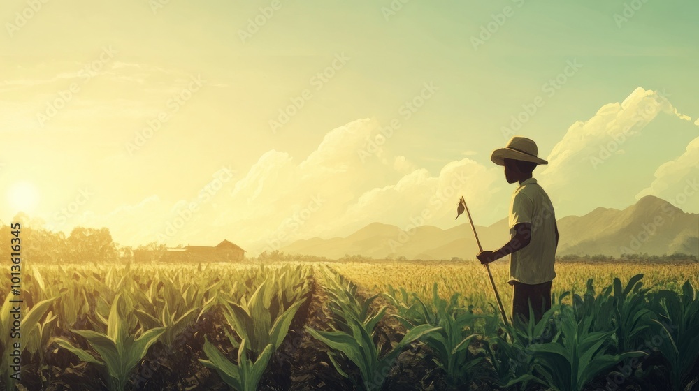 A lone farmer stands in a field of corn, gazing towards distant mountains.