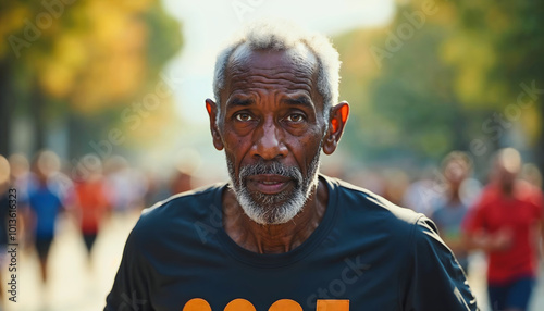 Obraz na płótnie Portrait of elderly handsome man running marathon race in the street, active seniors, sport and activities w salonie