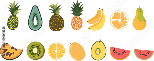 Collection of colorful tropical fruits such as pineapple, mango, and kiwi, vector illustration, flat style, icon set.