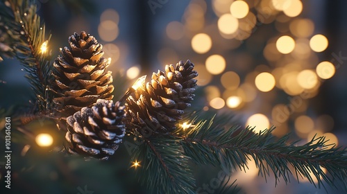 Christmas Tree Branch with Cones and Lights photo