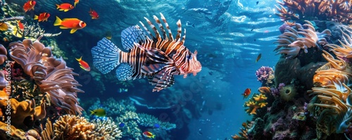 Lionfish swimming amid tropical coral formations, 4K hyperrealistic photo