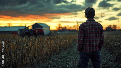 A Farmer Contemplating the Day's Work in a Field of Dried Corn Stalks at Sunset