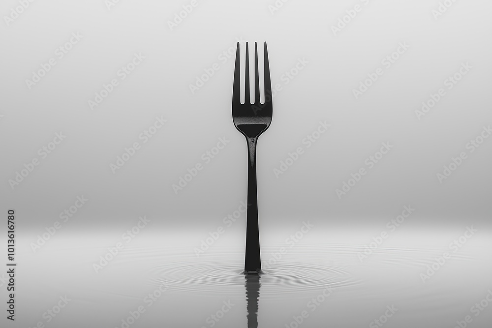 Black fork standing upright in shallow water with gentle ripples, creating a minimalist look Black fork standing upright in shallow water with gentle ripples, creating a minimalist look