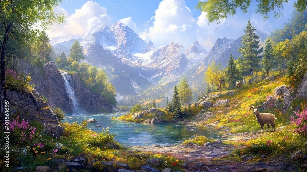 Obraz premium Serene mountain landscape with waterfall and sheep in a sunny valley