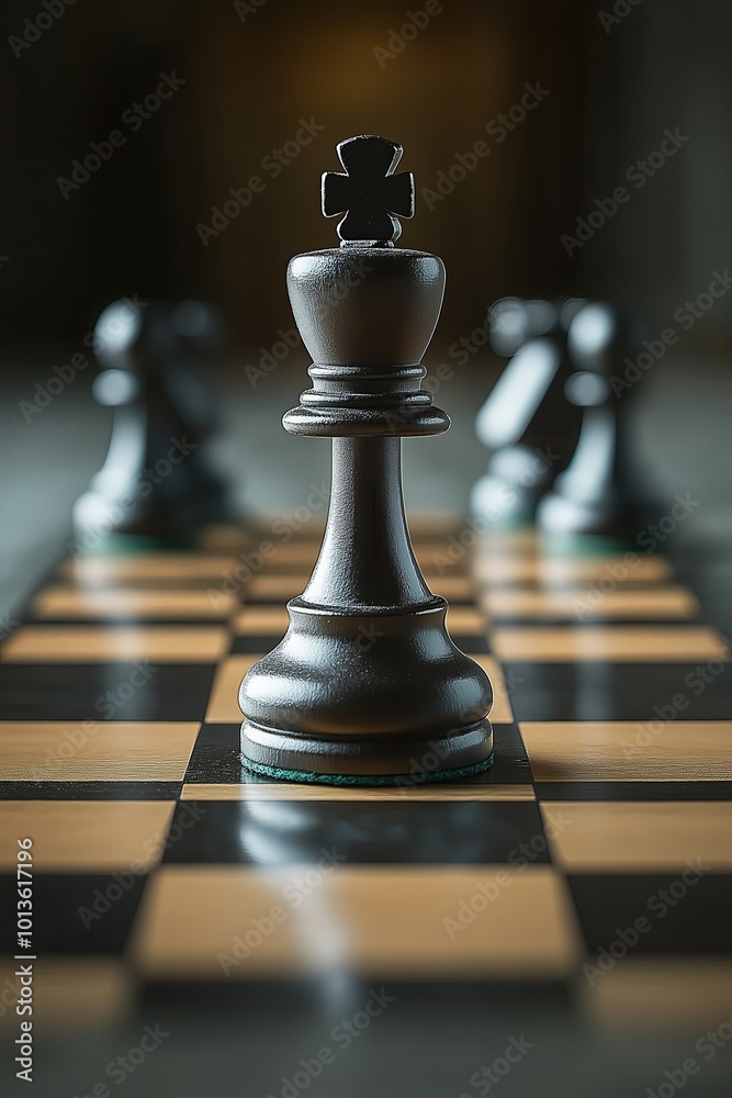 A close-up view of a black king chess piece on a wooden board during a strategic game in progress