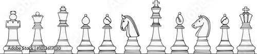 Continuous one line drawing chessboard with pieces on a white background. vector