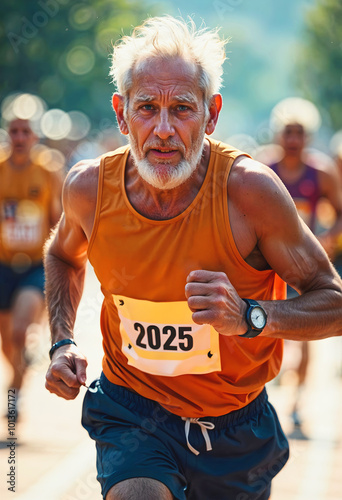 Obraz na płótnie Portrait of elderly handsome man running marathon race in the street, happy new 2025 year, active seniors, sport and activities, w salonie