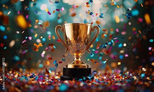 A gleaming gold winners trophy cup stands proudly on a race track, surrounded by a festive explosion of colorful celebration confetti and sparkling glitter, symbolizing victory and, Generative AI
