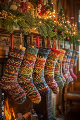 A close-up view of colorful and festive stockings adorning a fireplace mantel