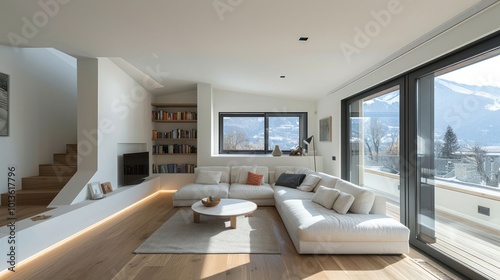 A modern living room with a white sectional sofa, a coffee table, a rug, a fireplace, a bookcase, a staircase, and a view of the mountains outside.