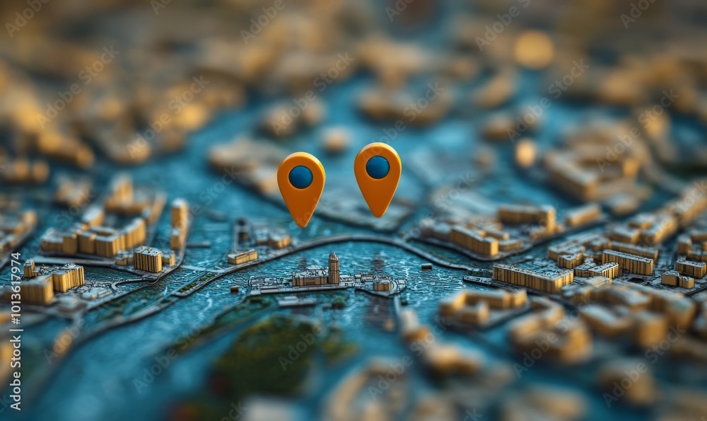 A detailed map displaying a specific location marked with two vibrant ...