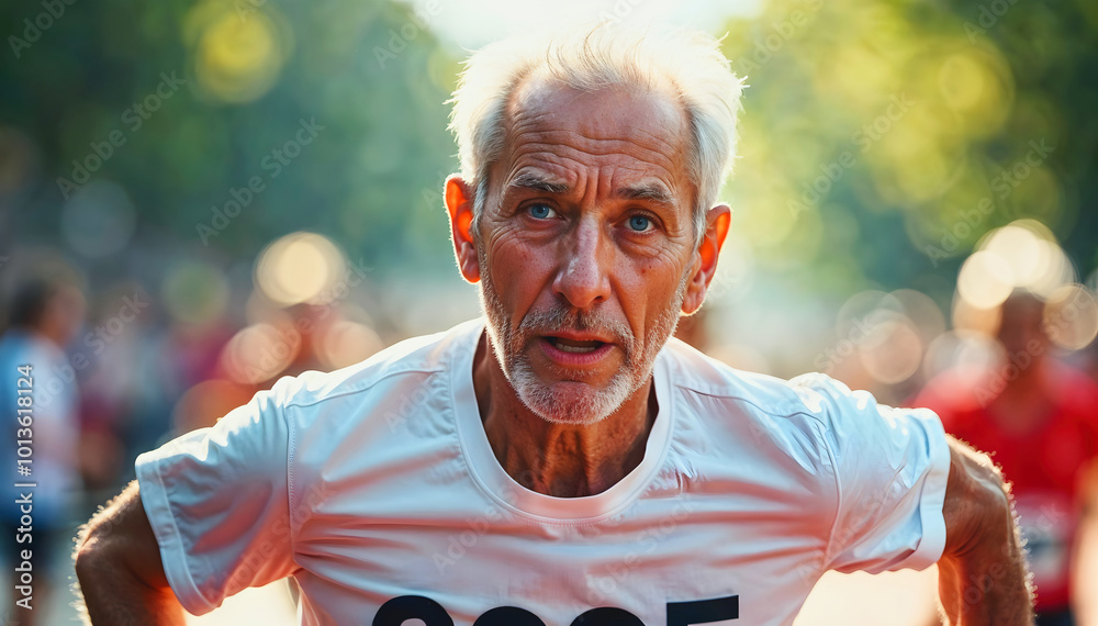 Portrait of elderly handsome man running marathon race in the street, active seniors, sport and activities