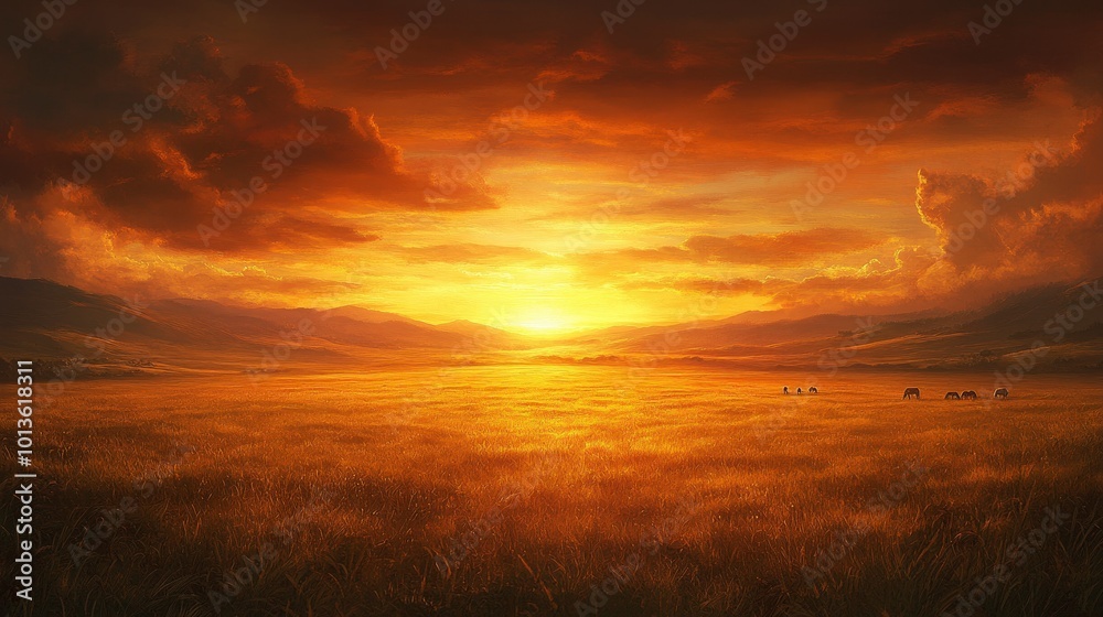 Obraz premium Breathtaking sunset over golden field with distant mountains and grazing horses