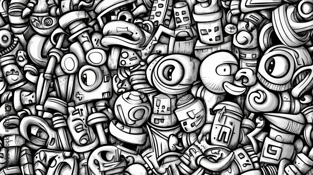 Obraz premium Intricate black and white abstract doodle art with various faces and shapes