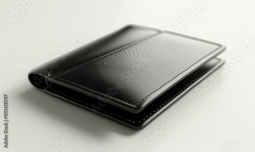 Shiny black leather wallet, white background, 4K hyperrealistic photo