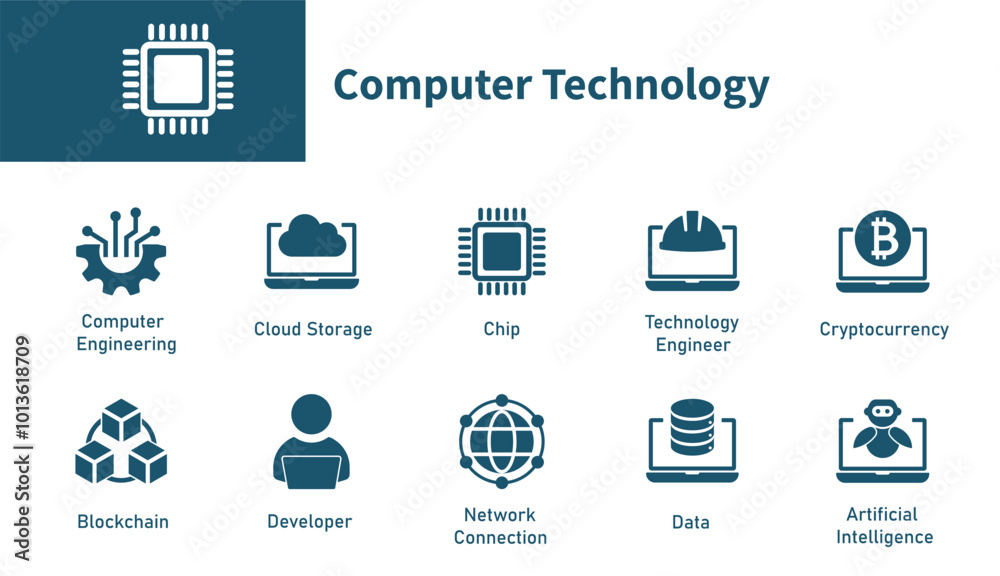 Computer technology icon. Set of solid vector icons on the topic of information technology, chips, cloud storage, data, artificial intelligence, internet. Computer technology icon. Set of solid vector icons on the topic of information technology, chips, cloud storage, data, artificial intelligence, internet.