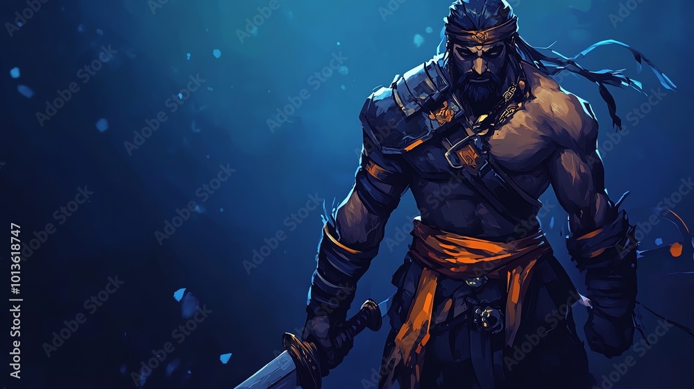 Fototapeta premium A powerful warrior with a sword and a determined expression stands in a dark fantasy setting.