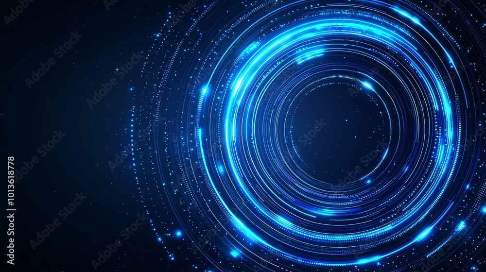 Abstract glowing circle lines create mesmerizing pattern on dark blue background, evoking sense of depth and motion. This digital artwork is perfect for technology themed projects Abstract glowing circle lines create mesmerizing pattern on dark blue background, evoking sense of depth and motion. This digital artwork is perfect for technology themed projects
