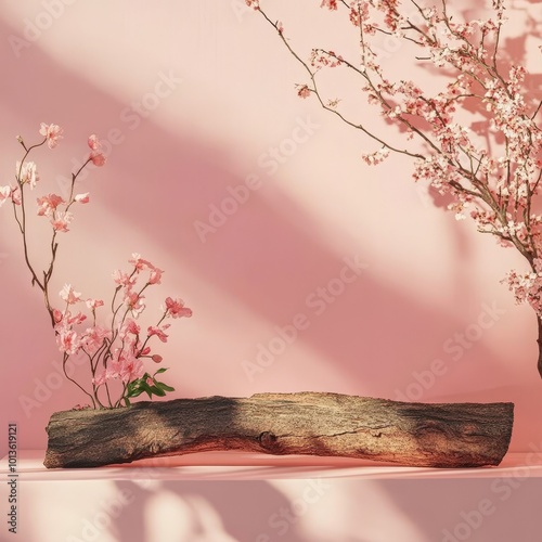 Wooden podium on pink background with cherry blossom. 3D renderingWooden shelf with pink cherry blossoms on pink background. 3d renderWooden podium on pink background with cherry blossom branch. 3d re photo