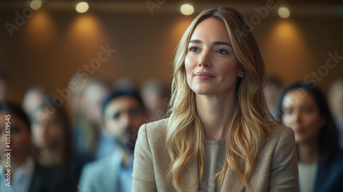 International Business Conference: Caucasian Female Tech CEO Talking With Male Host In Front Of Audience Of Diverse Attendees. Successful Woman Delivering Inspirational Speech For Women In